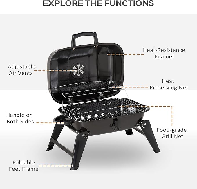Outsunny 14" Portable Charcoal Grill, Tabletop Outdoor Small Grill with Heat Preservation Net, Venting System, Foldable Legs, Travel Size BBQ Perfect for Camping, Backyard, Tailgates, Black