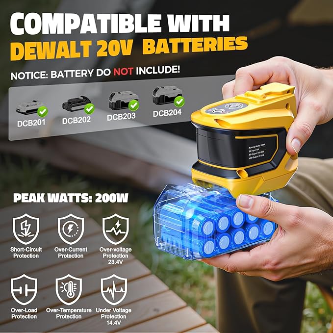 LIVOWALNY 200W Power Inverter Compatible with DeWALT 20V Battery, DC 20V to AC 110-120V Power Station with 1 AC Outlet, 2 USB, 1 Type-C & LED Light, for Camping Power Outage (No Battery) (2-Pack)