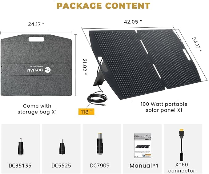 LVYUAN 100W Solar Panel 12V Foldable ETFE Conversion Rate 22.5% Monocrystalline IP65 Waterproof Compatible with XT60 DC5525 DC7909 DC35135 Fast Charging Foldable with Stand High Efficiency