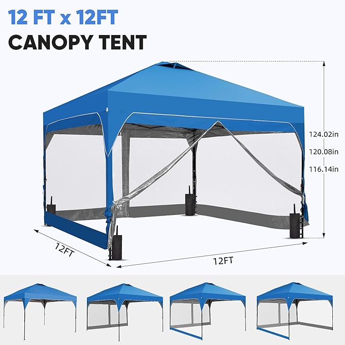 GDY 12x12FT Outdoor Pop Up Canopy Tent with One Push Setup, Easy Setup Gazebo with 4 PVC Transparent Sidewalls for Patio, Parties, Camping, Blue