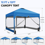 GDY 12x12FT Outdoor Pop Up Canopy Tent with One Push Setup, Easy Setup Gazebo with 4 PVC Transparent Sidewalls for Patio, Parties, Camping, Blue