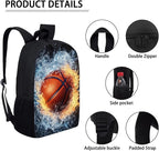 3 PCS Basketball Backpack for Boys Elementary School Backpack for Boys 17 Inch Knapsack Rucksack Lunch Box with Thermal Insulated Pen Case, Black