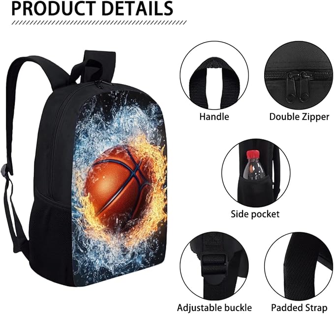 3 PCS Basketball Backpack for Boys Elementary School Backpack for Boys 17 Inch Knapsack Rucksack Lunch Box with Thermal Insulated Pen Case, Black