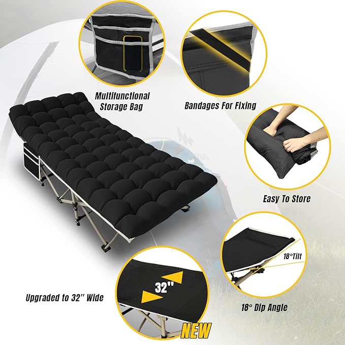 YELLOW JACKET Camping Cot with Mattress for Adults, Upgraded 32" Wide Folding Sleeping Cot, Portable Camping Cot with Carry Bag, Cot for Camping 600lbs Max Load, Home,Office,Travel