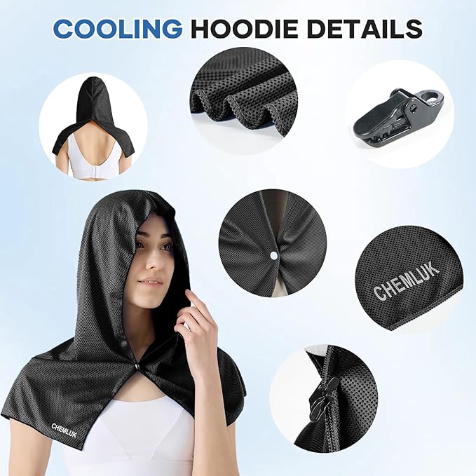 Cooling Hoodie Towel: Cooling Towels for Neck and Face Sun Protection Instant Cool for Hot Weather Hiking Camping Running Golf Gardening Fishing Music Festivals Theme Parks Beach - Black