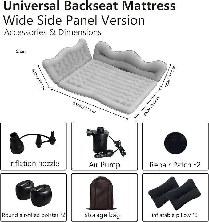 Car Air Mattress, Inflatable SUV Truck Camping Mattress for Back Seat, Thickened Travel Car Bed Sleeping Pad with 2 Round air-Filled Bolster,Air Pump and 2 Pillows (Grey)