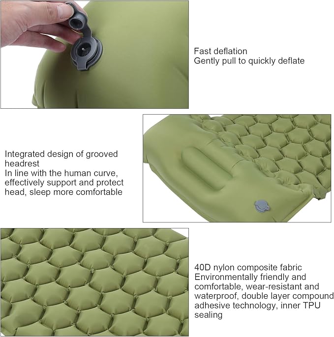 Camping Sleeping Pad Mat | 40D Nylon Fabric & TPU Laminate | Inflatable Cushion Mattress for Tent/Hiking/Travel | 2 - Way Valve, 700g Lightweight (Green)