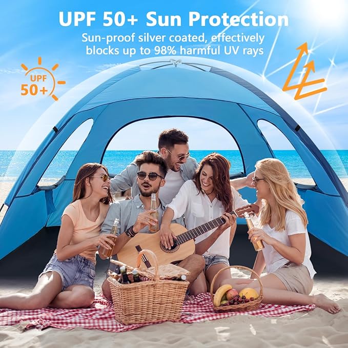 NXONE Beach Tent Sun Shelter with UPF 50+ UV Protection, Lightweight Easy Setup Portable Beach Canopy for Family, Large Space for Beach, Camping & Outdoor, 3/4/6 Person