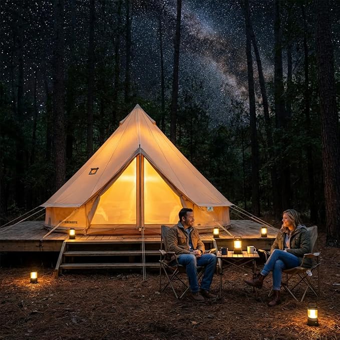 Canvas Bell Tent with Stove Jack, Glamping Yurt Tent for 360° Ventilated Mesh with Zipped Removable Floor, 4 Season Family House Hot Tents for All Year Living