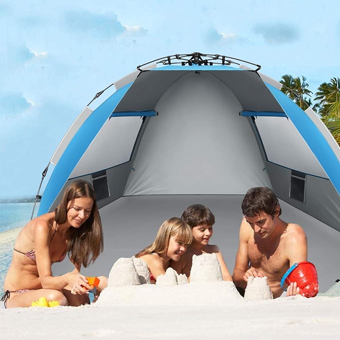 Oileus X-Large 4 Person Beach Tent Sun Shelter - Portable Sun Shade Instant Tent for Beach with Carrying Bag, Stakes, 6 Sand Pockets, Anti UV for Fishing Hiking Camping, Waterproof Windproof, Blue