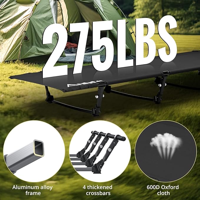 Anbte Ultralight Folding Camping Cot, Comfortable Portable Camping Cot Supports 275 lbs with Storage Bag & Side Pocket, Lightweight Folding Bed for Outdoor Travel Tent Indoor Emergency Bed, Black
