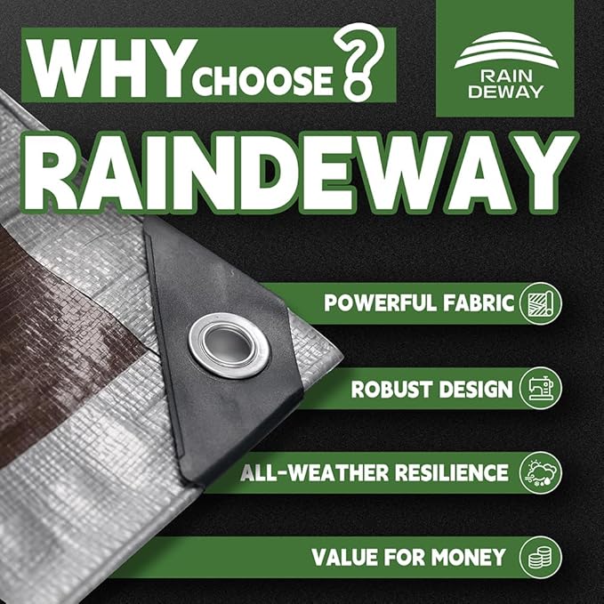 RAINDEWAY Tarps Heavy Duty Waterproof 14x14 Feet,10Mil Thick Multipurpose Poly Tarp Cover with Metal Grommets and Reinforced Edges,Silver/Brown Tarp