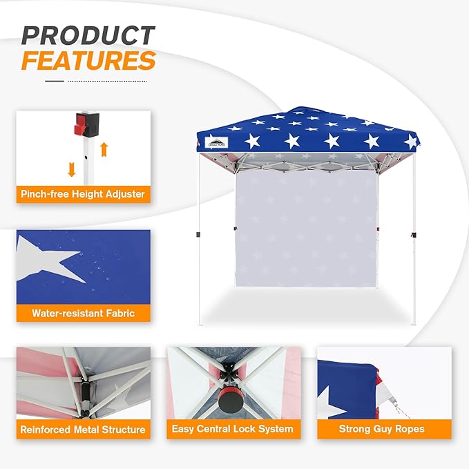 EAGLE PEAK Commercial Canopy 8x8 Pop Up Canopy Tent with 1 Sidewall, Easy Setup Heavy Duty Instant Event Shelter for Vendors & Markets, Outdoor Sun Shade, American Flag