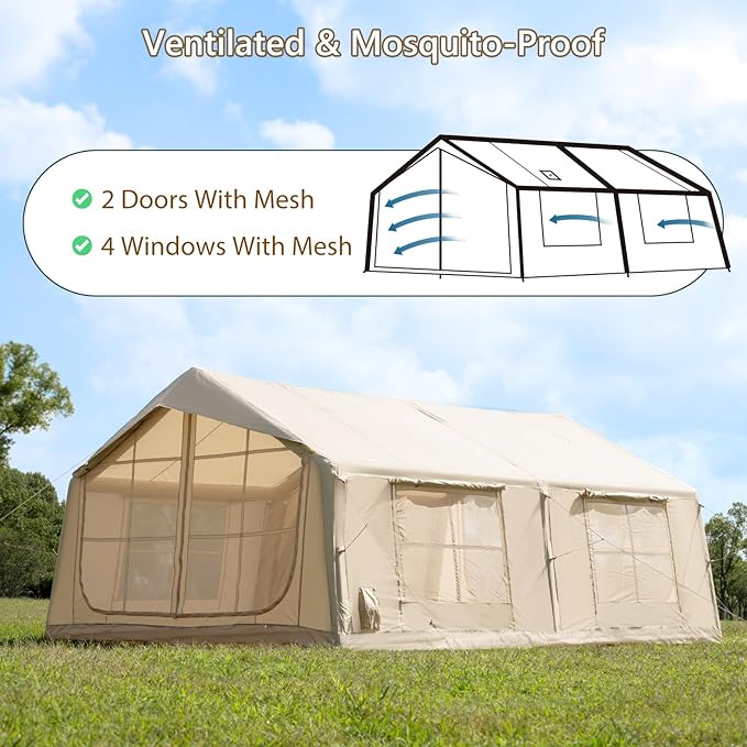 Oxford Inflatable Tent for Camping with Hand Pump, 4 Season Glamping Tents with Stove Jack for 8-12 Person, Waterproof Outdoor Party Camping Festival