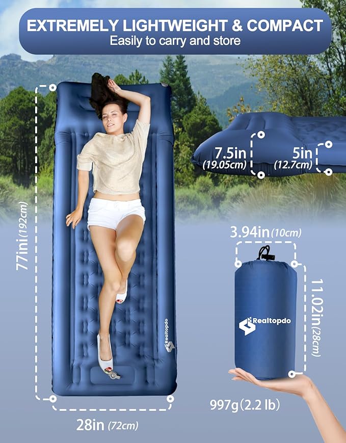 Extra Thick 5 Inch Sleeping Pad - Self Inflating Sleeping Pad with Pillow, Camping Mattress Pad with Foot Pump, Sleeping Pad Mat for Backpacking, Hiking, Traveling (Blue)
