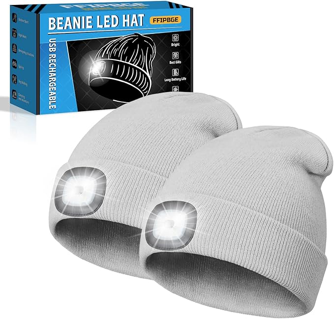 Valentines Day Gifts for Him, Beanie Hats with Light, USB Rechargeable LED Hand Free Headlamp, Birthday Gifts for Men, Women, and Teens, Ideal for Camping, Hiking, 2 Pack, Grey