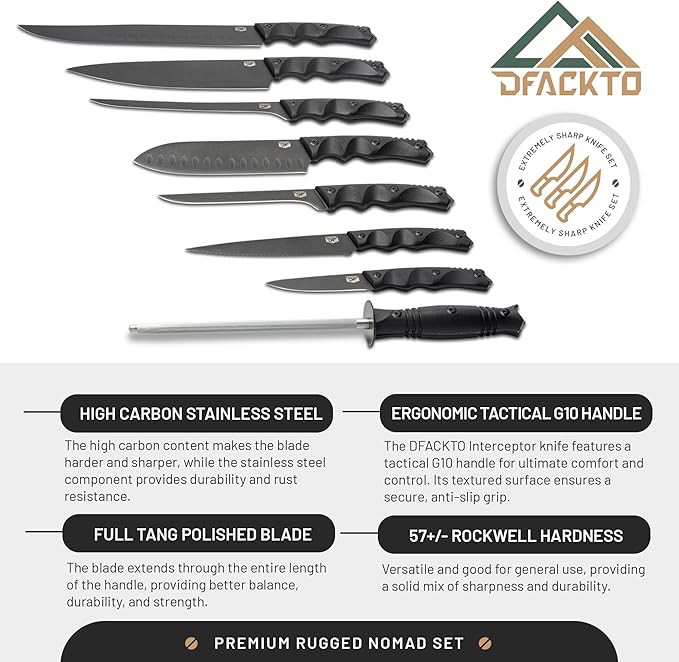 DFACKTO 11-PC Rugged Nomad Chef Knife Set - High Carbon Stainless Steel Kitchen Cutlery w/Full Tang G10 Handles, Protective Sheaths w/Green Travel Case - Professional Cutlery for Cooking & Camping