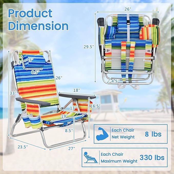 Tangkula Set of 4 Backpack Beach Chair, 5-Position Lay Flat Beach Chairs with Cooler Bag, 2 Cup Holders, Towel Bar, Lightweight Low Folding Beach Chair with Backpack Straps, Yellow