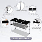 VINGLI Small Folding Table Portable 3FT Aluminum Foldable Camping Table for Picnic Card Table with 3 Adjustable Height & Carry Handle for Outdoor Indoor Hiking Camp BBQ Beach-Black
