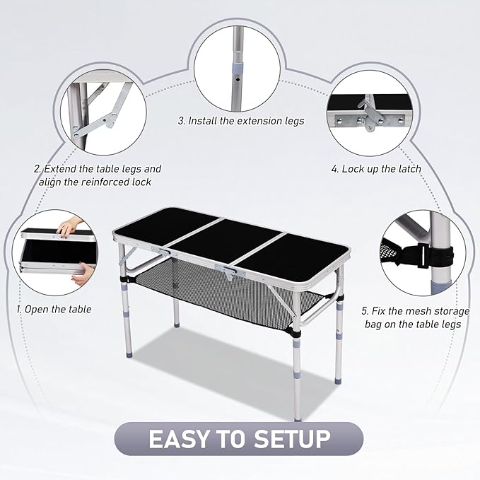 VINGLI Small Folding Table Portable 3FT Aluminum Foldable Camping Table for Picnic Card Table with 3 Adjustable Height & Carry Handle for Outdoor Indoor Hiking Camp BBQ Beach-Black