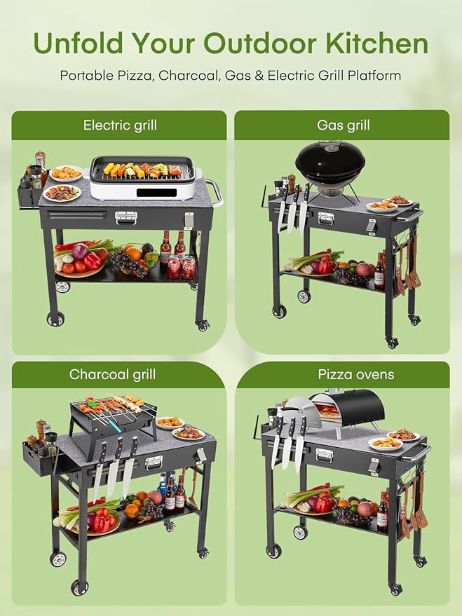 FOHERE Folding Grill Cart for Blackstone 16-28 Inch Griddle, Portable Outdoor BBQ Prep Table with Wheels & Paper Towel Holder, Stand for Camping, Patio, Tailgating
