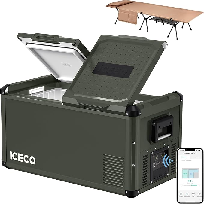 ICECO VL75ProD 12Volt Refrigerator, 79Qt Dual Zone Portable Fridge with SECOP, 0-50°F, Bluetooth Control, Dual USB 12/24VDC&110-240VAC, Car Refrigerator Portable For Trip| With Camping Cot-Khaki