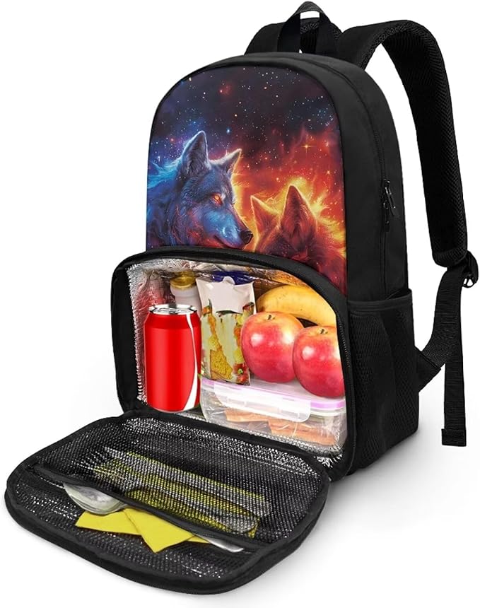 Fire Flame Wolf School Bag Backpack with Lunch Compartment 17in Travel Laptop Insulated Cooler Bag Box Hiking Picnic Camping Travel Casual Backpack Kids Daypack