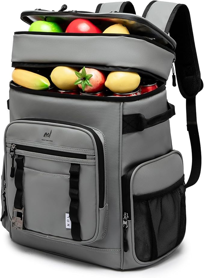 NOL Natural Organic Lifestyle Double Deck Large Waterproof Insulated Cooler Backpack for Men & Women, 32L/57 Cans Leak Proof Cooler Lunch Backpack for Camping, Hiking, Fishing, Picnic，Light Gray