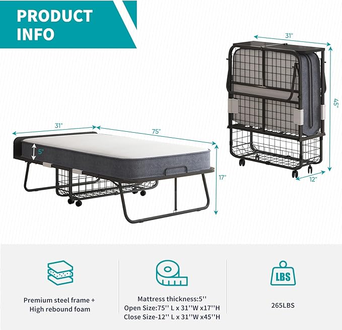 BALUS Folding Bed with Mattress for Adults, 75" x 31" Rollaway Bed with Head Baffle & Mesh Storage Basket, Fold Up Beds for Guests, Foldable Frame with Locking Casters for Easy Moving（Upgrade）
