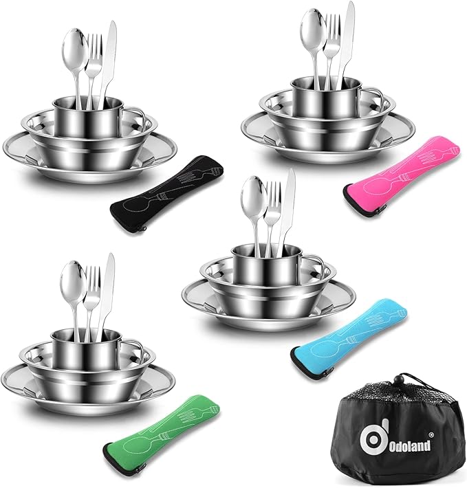 Odoland 29pcs Stainless Steel Utensils Camping Mess Kits with Bowls Plates Cups Forks Spoons and Knives for 4, Cutlery Flatware Set for Backpacking, Outdoor Camping Hiking and Picnic