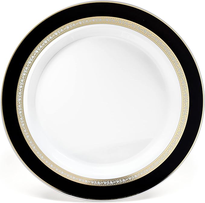 OCCASIONS 50-Piece Plastic Plates Set for 25 Guests – Heavy Duty Disposable Dinner & Dessert Plates, BPA-Free,Fancy Party/Wedding Dinnerware, Ritz Black & Gold