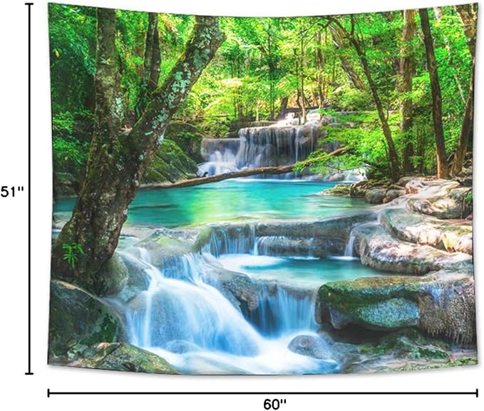Forest Waterfall Tapestry Wall Hanging Sandy Beach Picnic Rug Camping Tent Sleeping Pad Home Decor Bedspread Sheet Wall Cloth (60x51inch,3)