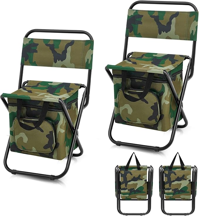 Jerify 2 Pcs Fishing Chair with Cooler Bag Multi-Function Foldable Compact Fishing Stool Hunting Chair Portable Backrest Stool with Folding Backpack for Finishing Camping Hunting Travel(Camo Color)