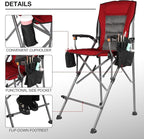 Extra Tall Folding Chairs for Adults 2 Pack, Portable Bar Height Foldable Director Chairs for Camping Outside, Comfortable with Makeup PocketHigh Back and Footrest, Black and Red