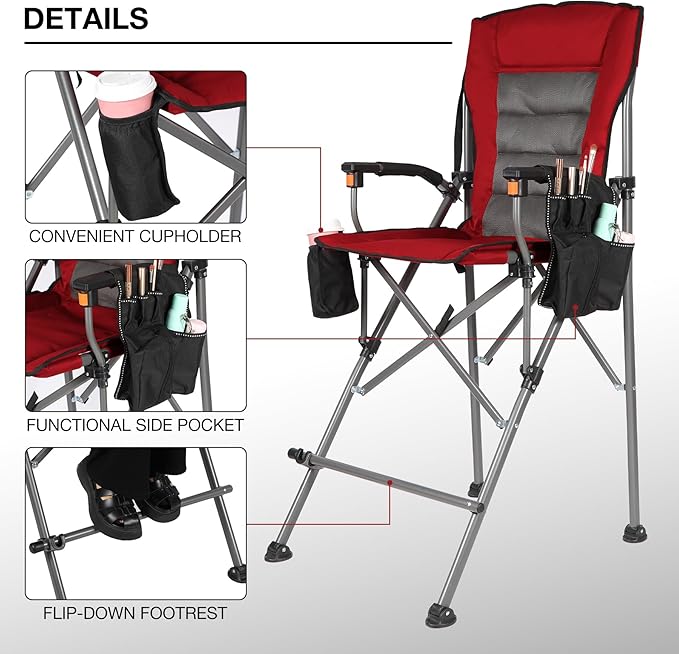 Extra Tall Folding Chairs for Adults 2 Pack, Portable Bar Height Foldable Director Chairs for Camping Outside, Comfortable with Makeup PocketHigh Back and Footrest, Black and Red