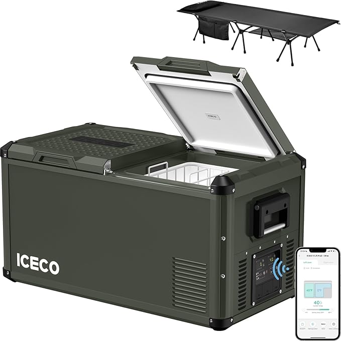 ICECO VL75ProD 12 Volt Refrigerator Dual Zone, 75L/79Qt Portable Freezer with SECOP, 0-50°F, Dual Zone Fridge with APP Control, Dual USB DC&AC, Electric Cooler For RV| With Camping Cot-Black