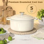 Enameled Cast Iron Dutch Oven - Umite Chef 5QT Pot with Lid & Cotton Potholders - Heavy-Duty Cookware for Bread Baking, Braising, Stews, Roasting(Cream White)