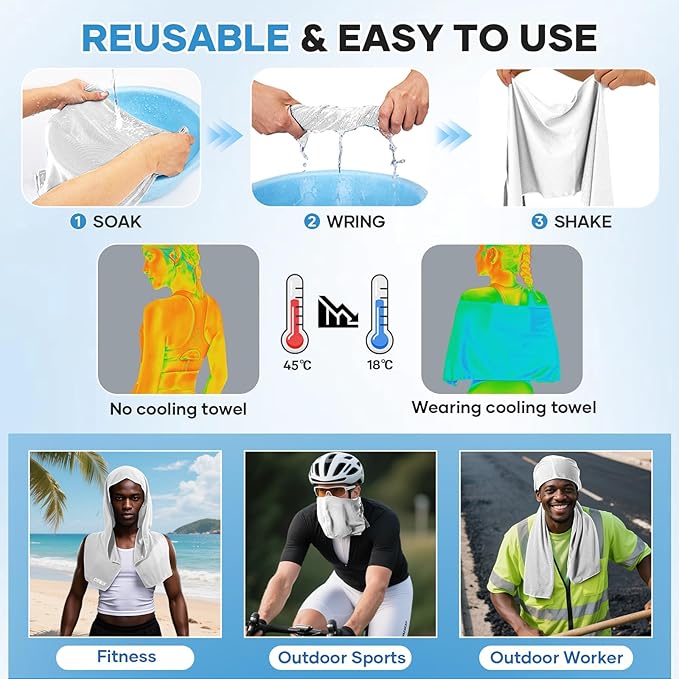Cooling Hoodie Towel: Cooling Towels for Neck and Face Sun Protection Instant Cool for Hot Weather Hiking Camping Running Golf Gardening Fishing Music Festivals Theme Parks Beach - White