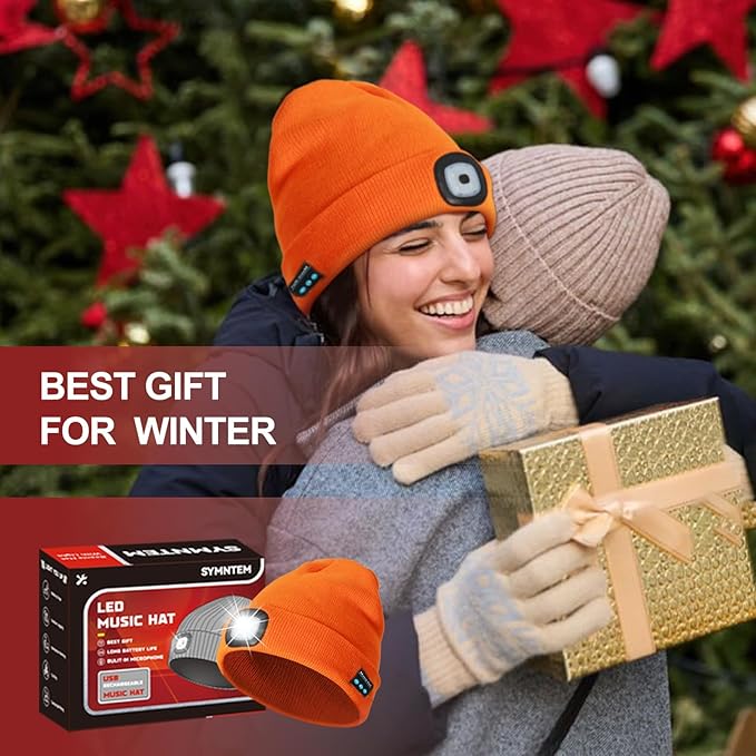 Gifts for Men, Rechargeable Bluetooth Music Unisex Beanie Hat with Light, Valentines Day Gifts for Him, Birthday Gifts for Men, Women, Orange