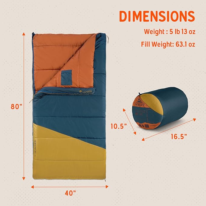 Kelty Solstice 20 Oversized Camping Sleeping Bag, Spacious Rectangular Shape, Zip Together for 2P, Anti-Snag Zips, Internal Pocket
