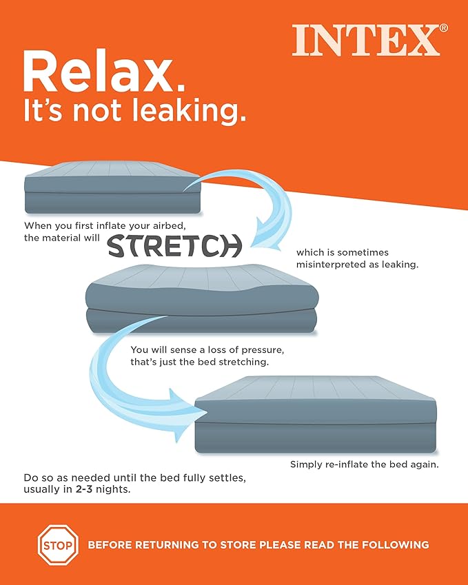 Intex 64778E Dura-Beam Standard Prestige Air Mattress: Fiber-Tech – Full Size – Hand-Held Battery Pump – 10in Bed Height – 600lb Weight Capacity