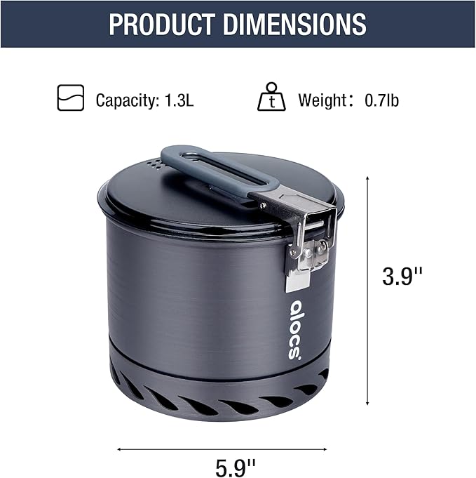 Alocs 1.4L Camping Pot, Lightweight Camping Cookware with Heat Exchanger, Portable Durable Camping Essentials Cooking Set for Backpacking Hiking Traveling