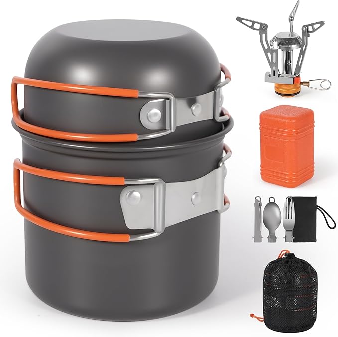 REDCAMP 6/10/11/12/14/15/19 PCS Camping Cookware Mess Kit Camping Gear Campfire Utensils Lightweight Stackable Pot Pan Bowls Soup Spoon with Storage Bag for Camping, Backpacking, Outdoor Cooking