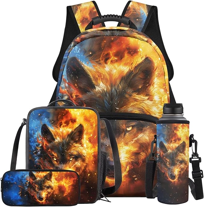Wolf Backpack with Lunchbox Cool Kids Backpack Lightweight Trendy Kids Bookbag and Lunch Box Set Boys 4 Pcs School Bag for Boys 7-8 Daypack Travel Camping Outdoor Hiking