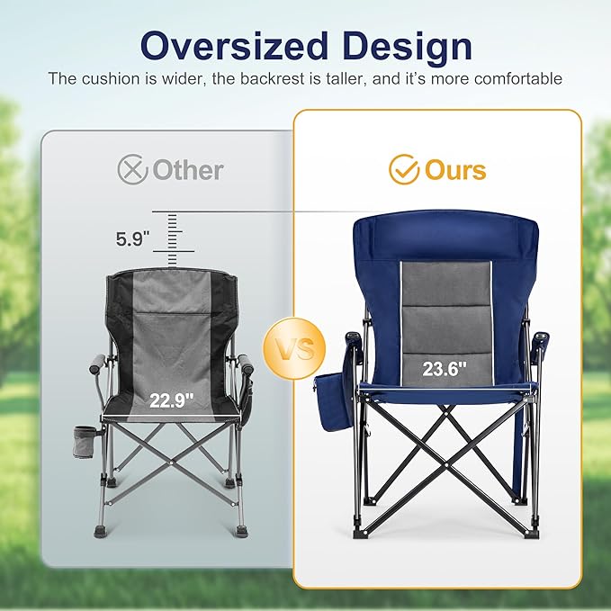 LET'S CAMP Oversized Camping Chairs 29.52" High Back Heavy Duty Lawn Chair Support 500LBS, Portable Collapsible Chair with Cup Holder, Side Pocket,2 Pack(Blue)