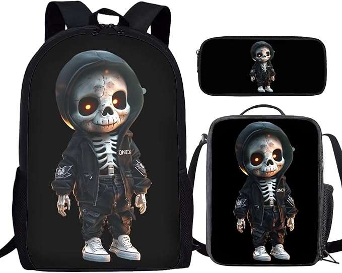 Skull Skeleton Backpack for School Boys 3 in 1 Cute Lightweight Kids Bookbag with Lunch Box 17 Inch Large Capacity Teens School Bags 7 Years Old for Toddler Back to School Travel Daypack