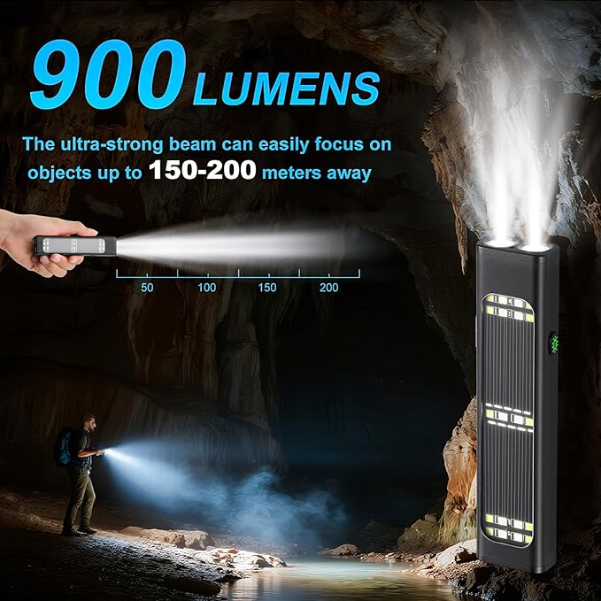Solar/Rechargeable Flat Flashlights, 900 Lumens EDC Tactical Flashlight, Multi Function LED Small Flashlight, 7 Modes IP65 Waterproof for Home, Camping,and Emergency Use (Black)