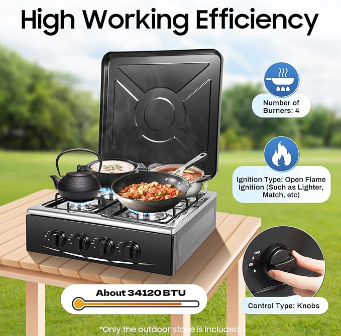 4 Burners Natural Gas Stoves, Portable Outdoor Stove with 2 Tier Storage Rack, Free Standing Grill Dual Natural Gas Cooker for Camping Picnic Home RV Cooking (Black-2)