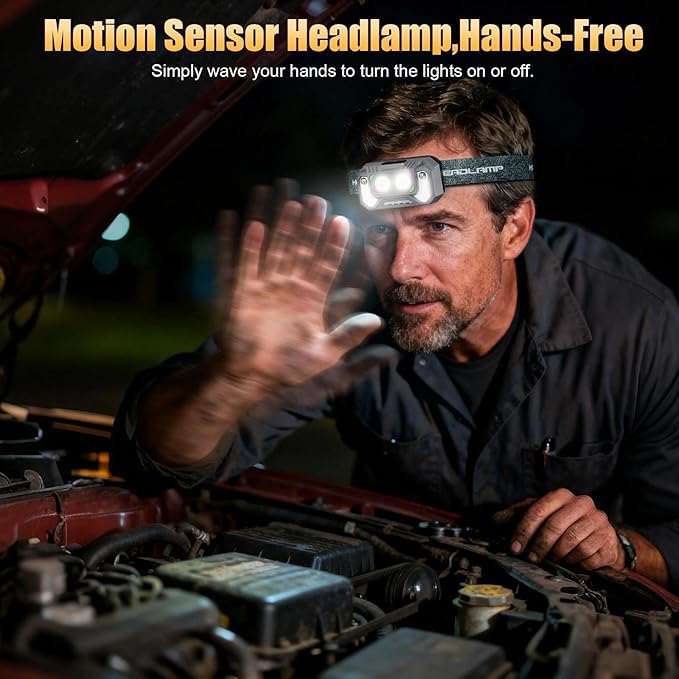 LED Headlamp Lightweight with Red Light Motion Sensor, 5 Modes USB-C Rechargeable, 6-Hour Runtime, Waterproof Headlight for Camping, Running, Fishing, Work, and Emergencies, 3 Pack