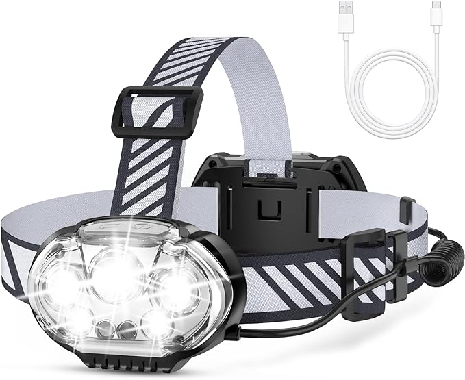 Rechargeable Headlamp, Ultra-Bright 5 LED Head Lamp with Red White Light,IPX4 Waterproof Headlight,8 Mode Head Flashlight for Outdoor Running Hunting Fishing Hiking Camping Gear